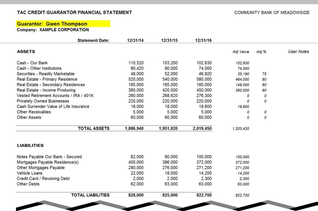 Personal Financial Statement | Balance Sheets | Guarantors